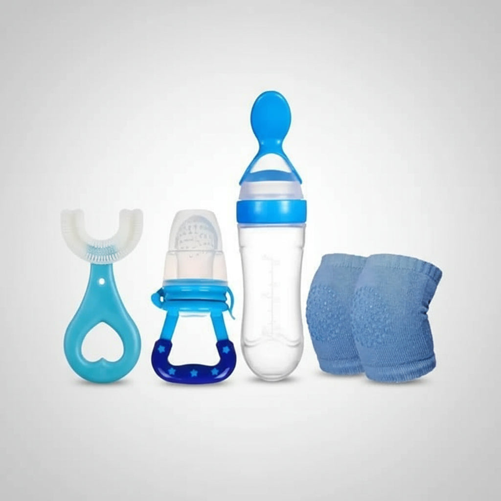 Collection of baby care products including a spoon feeder, soft U-brush, fruit pacifier, and knee pads on a white background.