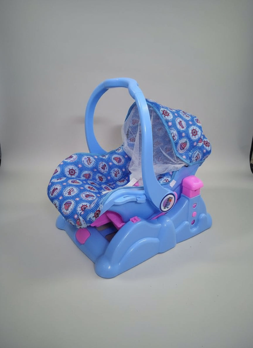 Blue baby swing with floral pattern on a tiled floor