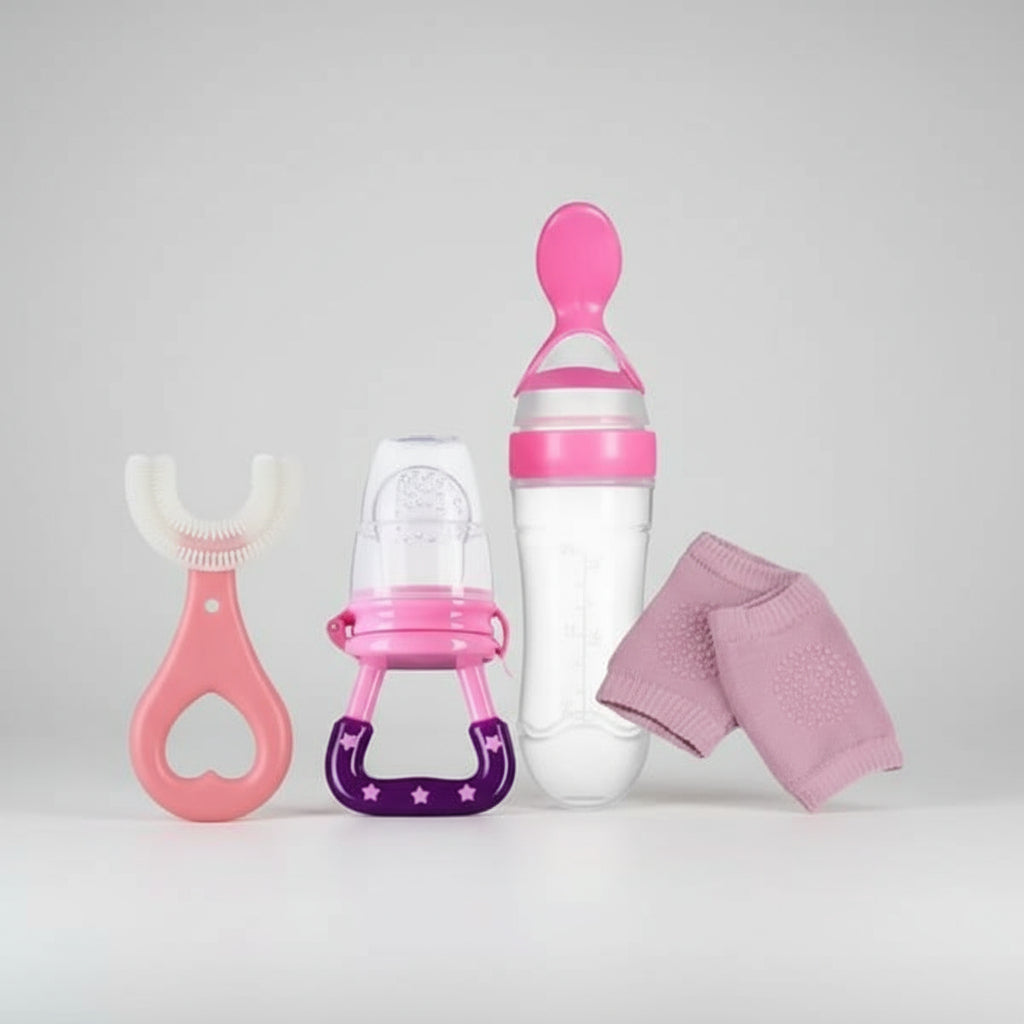 Collection of baby care products including a spoon feeder, soft U-brush, fruit pacifier, and knee pads on a white background.