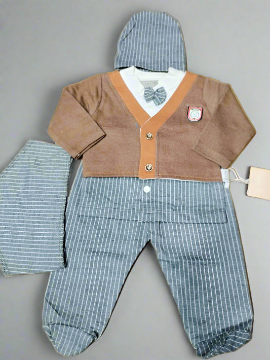 Baby outfit with brown jacket and blue striped pants on a beige background
