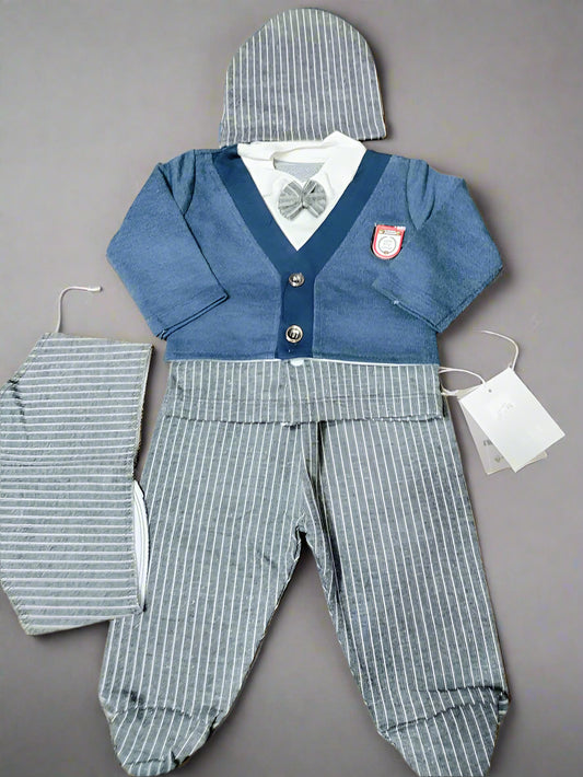 Baby outfit with blue sweater, gray pants, and matching hat on a brown background