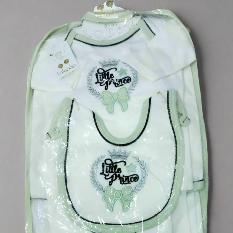 Set of baby bibs and pants in a clear plastic bag with 'Little Prince' branding.