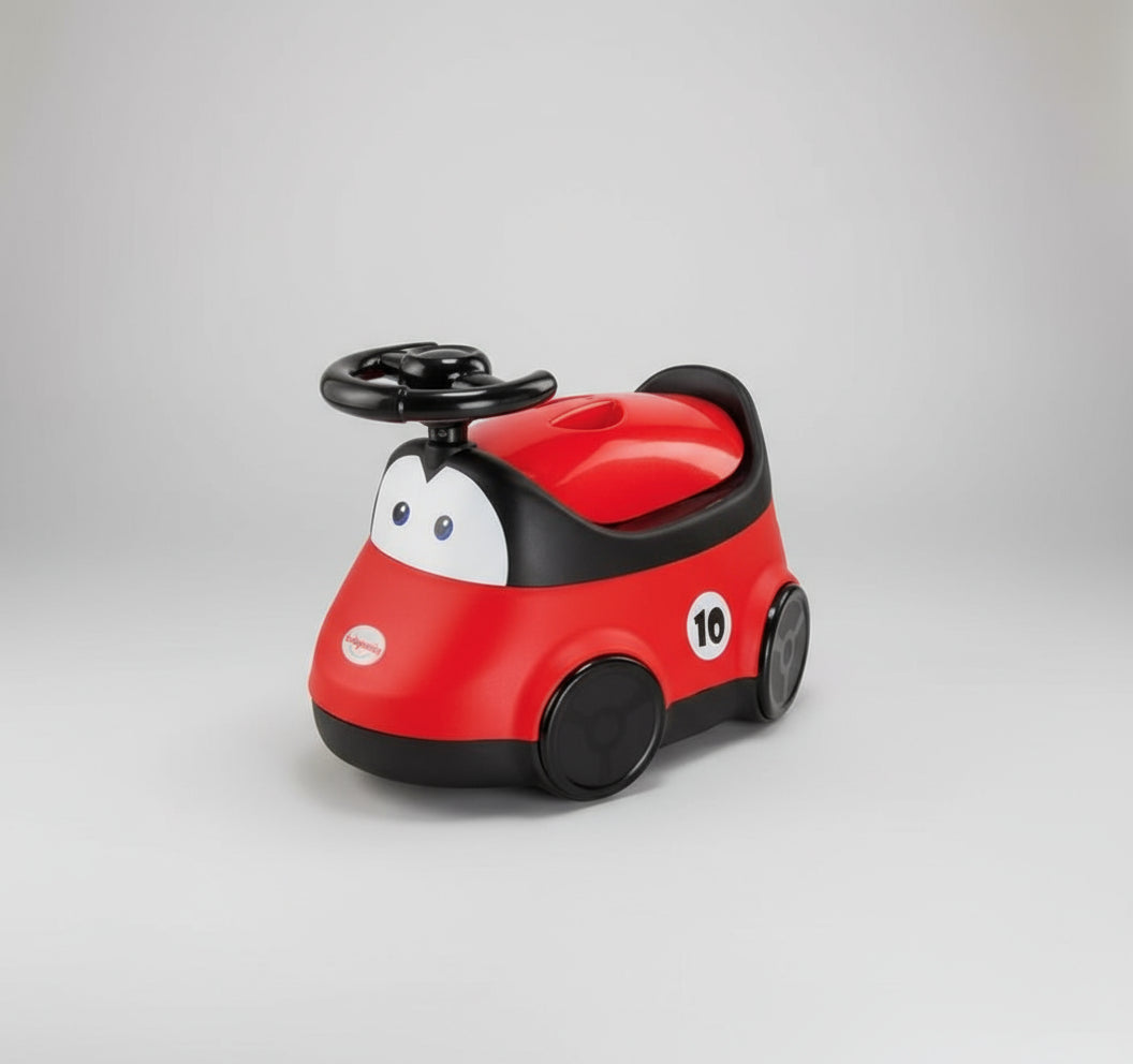 Red toy car with a black steering wheel on a white background